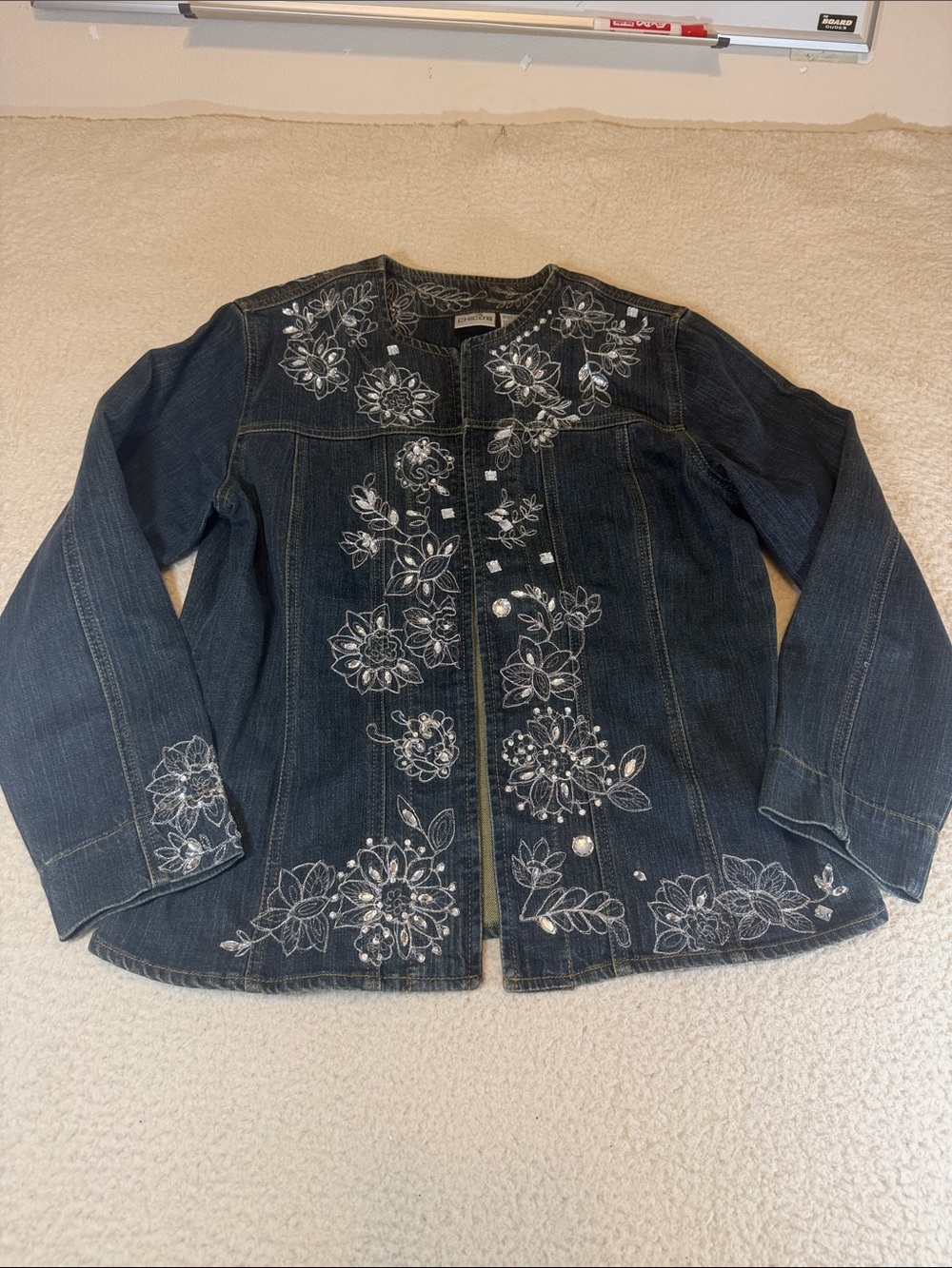 Chicos dark Blue Embroidered Denim Jacket with Floral Accents 505